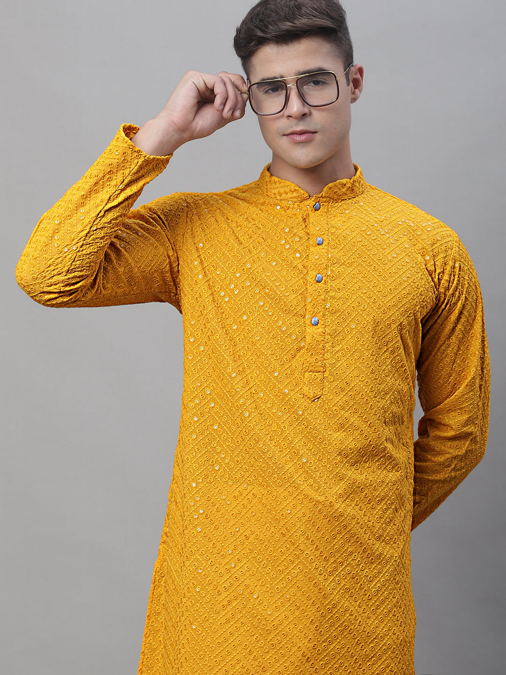 Jompers Men's Mustard Embroidered Sequinned Kurta