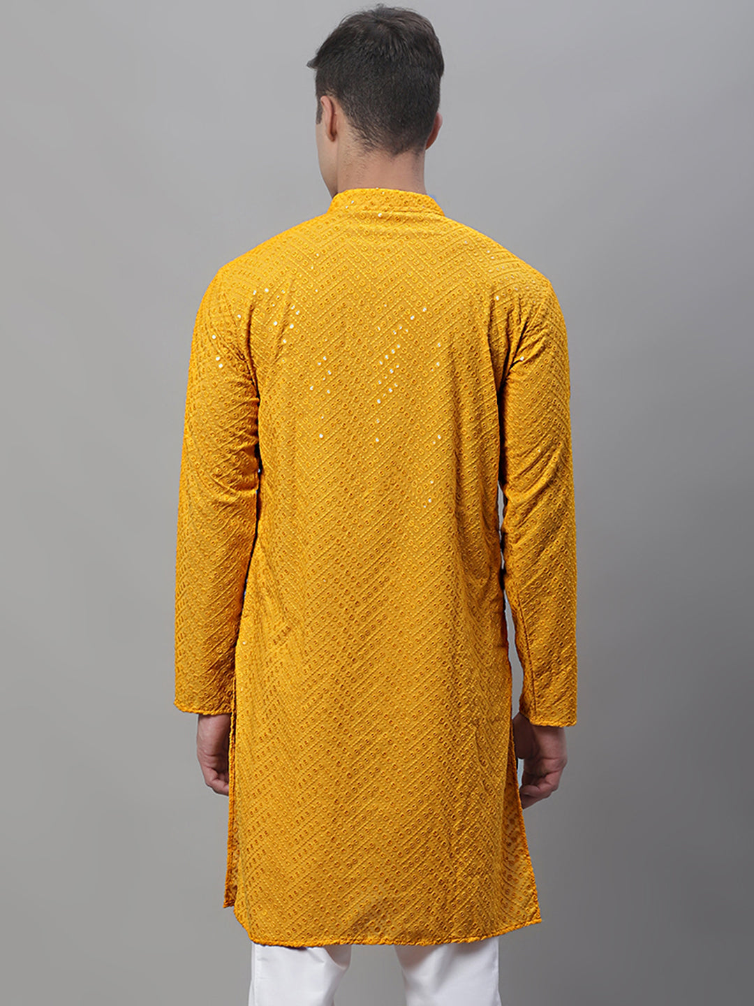 Jompers Men's Mustard Embroidered Sequinned Kurta