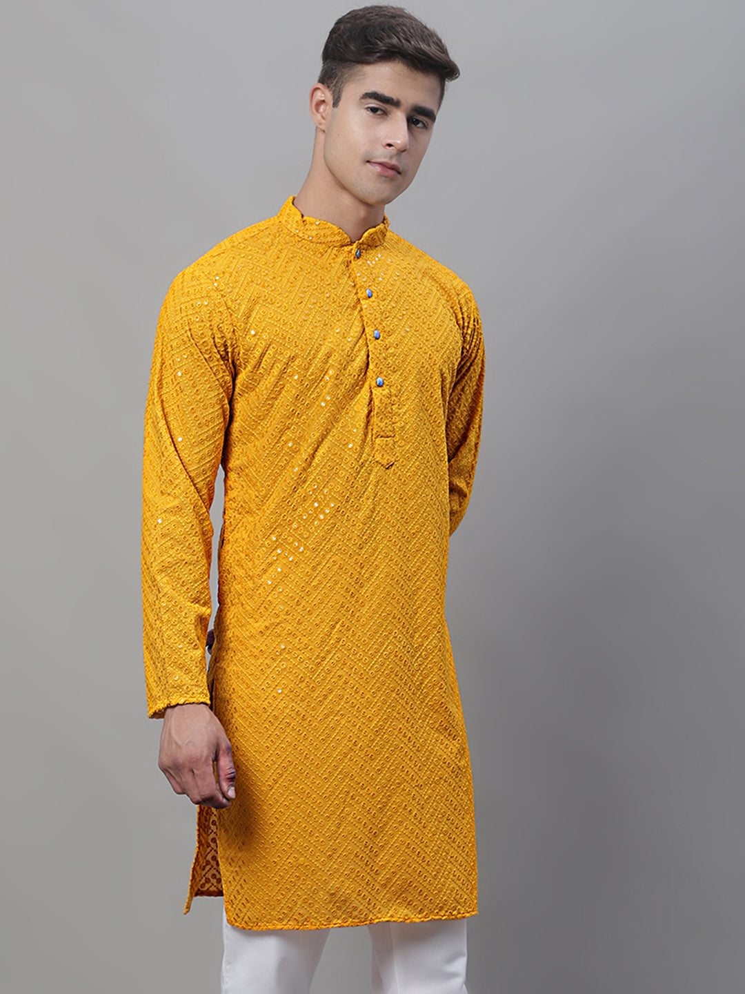 Jompers Men's Mustard Embroidered Sequinned Kurta