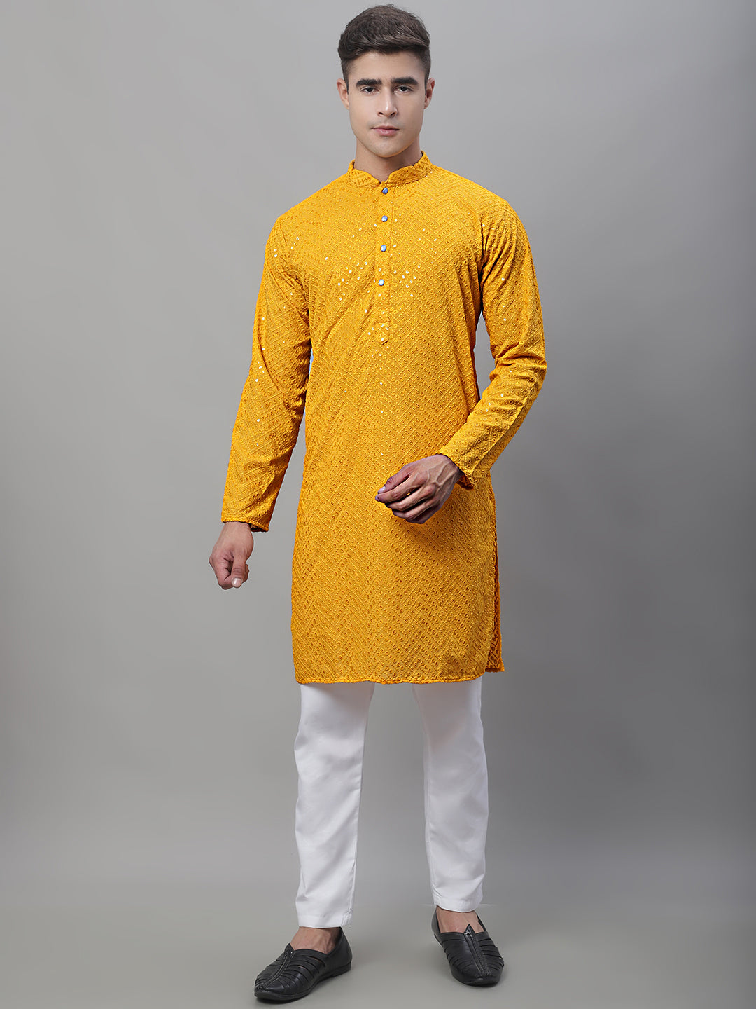 Jompers Men's Mustard Embroidered Sequinned Kurta