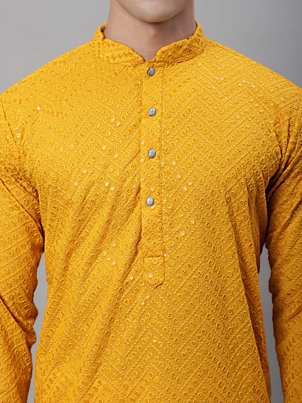 Jompers Men's Mustard Embroidered Sequinned Kurta