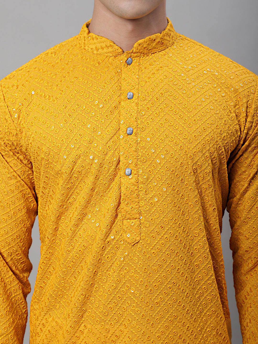 Jompers Men's Mustard Embroidered Sequinned Kurta