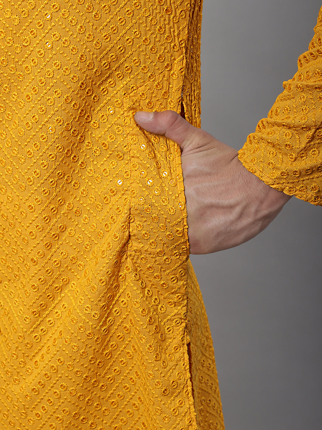 Jompers Men's Mustard Embroidered Sequinned Kurta