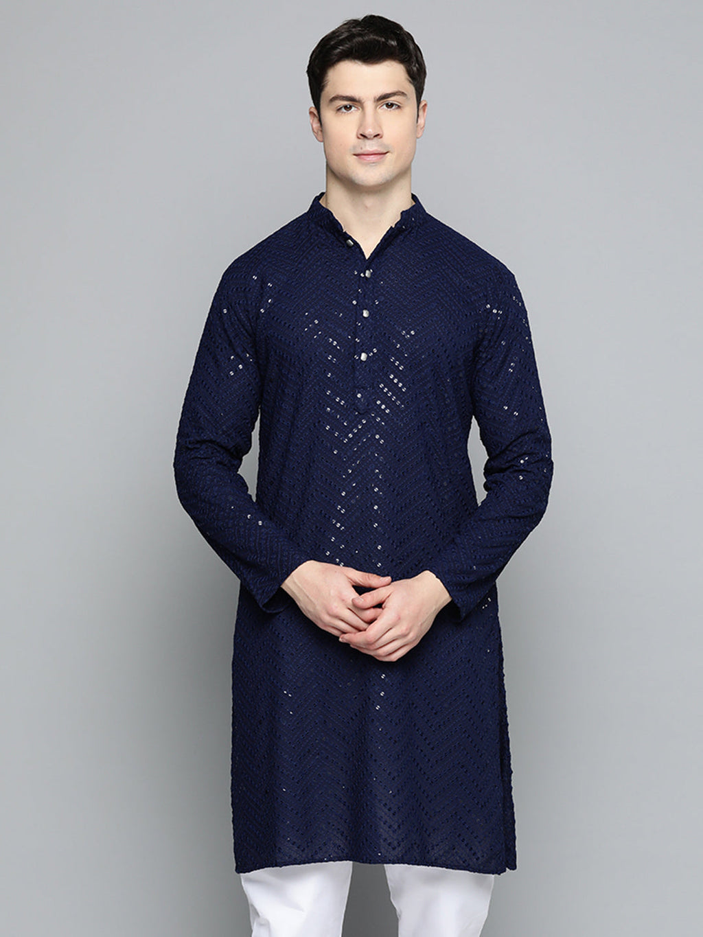Jompers Men's Navy Blue Embroidered Sequinned Kurta