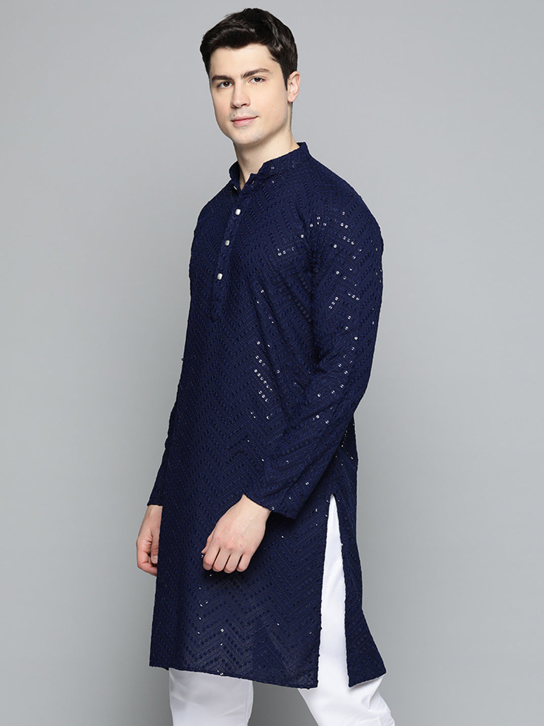 Jompers Men's Navy Blue Embroidered Sequinned Kurta
