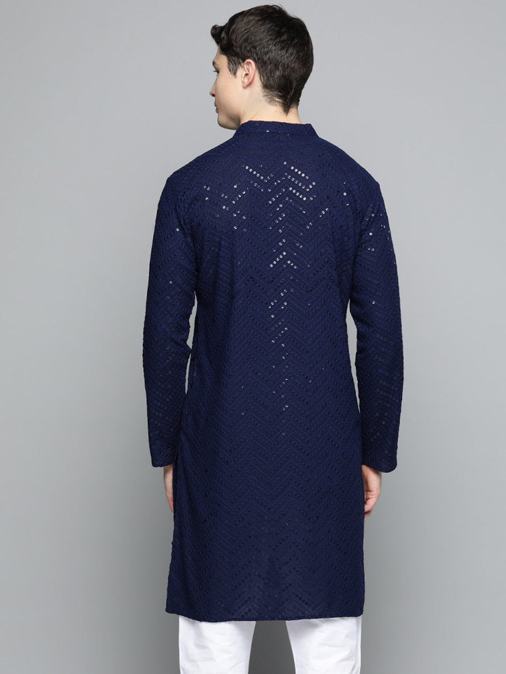 Jompers Men's Navy Blue Embroidered Sequinned Kurta