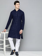 Jompers Men's Navy Blue Embroidered Sequinned Kurta