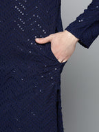 Jompers Men's Navy Blue Embroidered Sequinned Kurta