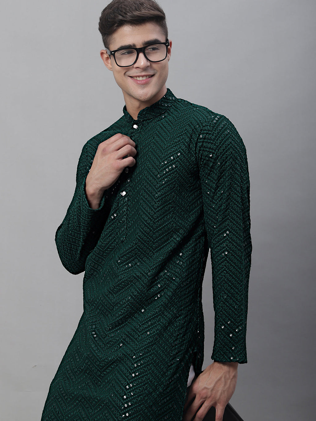 Jompers Men's Olive Green Embroidered Sequinned Kurta