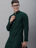 Jompers Men's Olive Green Embroidered Sequinned Kurta