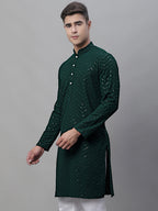 Jompers Men's Olive Green Embroidered Sequinned Kurta