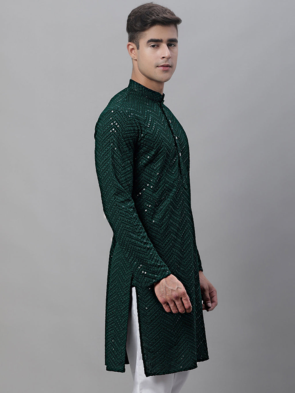 Jompers Men's Olive Green Embroidered Sequinned Kurta