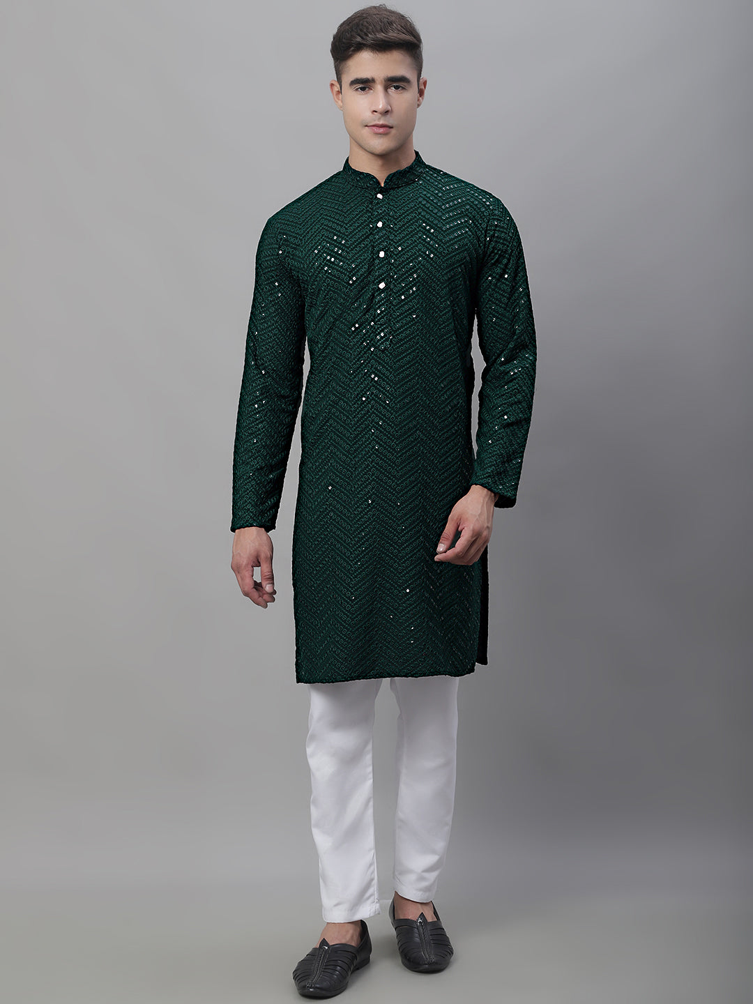 Jompers Men's Olive Green Embroidered Sequinned Kurta