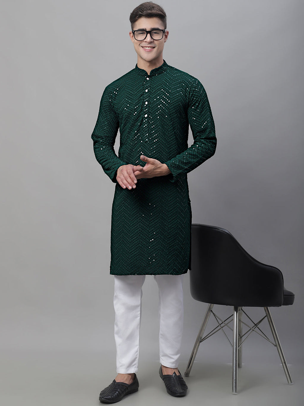 Jompers Men's Olive Green Embroidered Sequinned Kurta