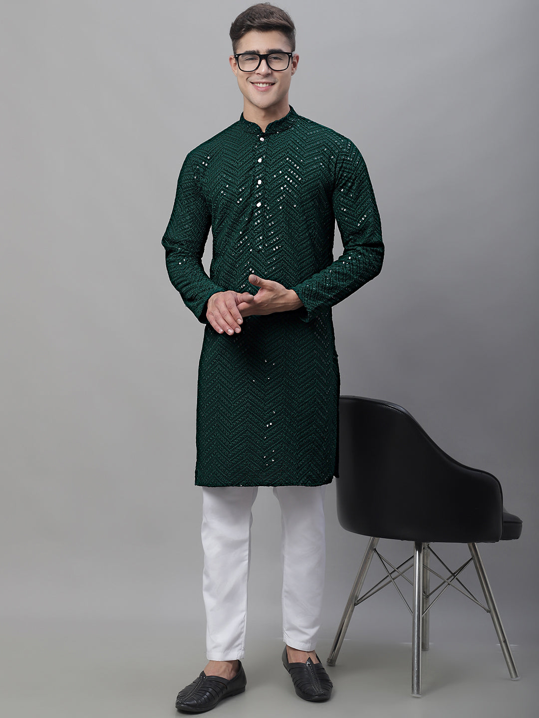 Jompers Men's Olive Green Embroidered Sequinned Kurta
