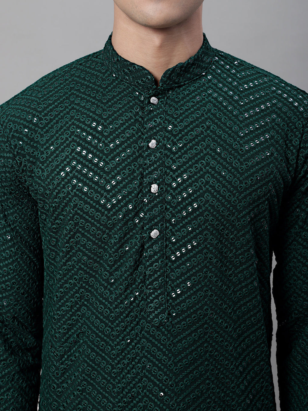 Jompers Men's Olive Green Embroidered Sequinned Kurta