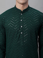 Jompers Men's Olive Green Embroidered Sequinned Kurta