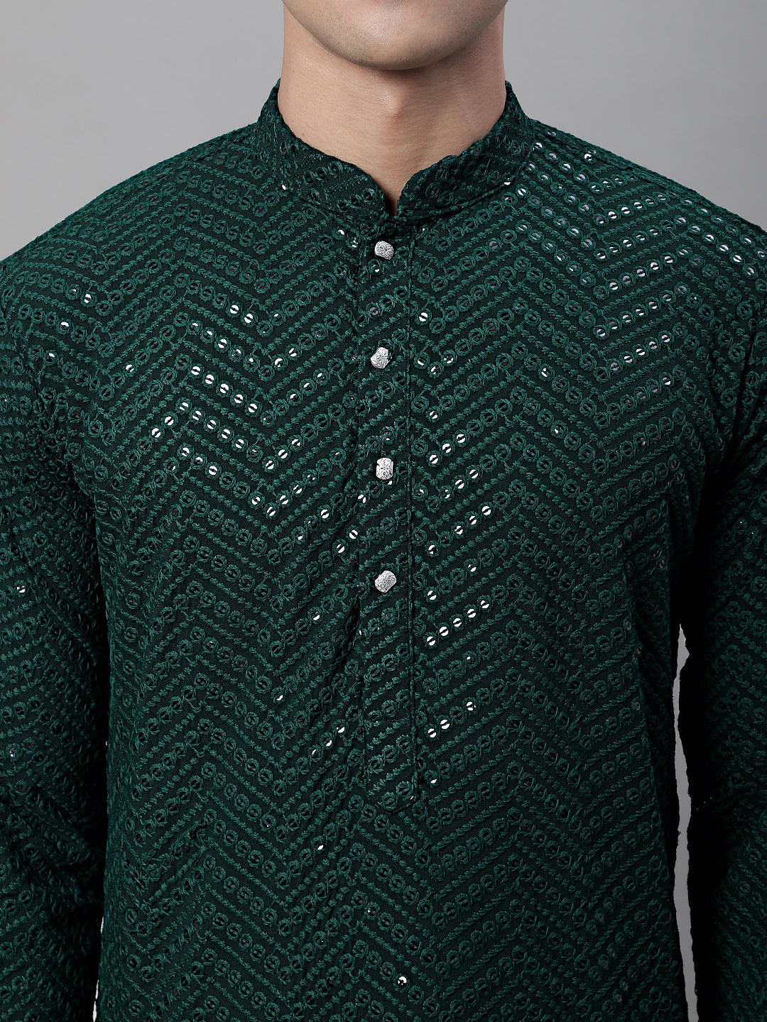 Jompers Men's Olive Green Embroidered Sequinned Kurta