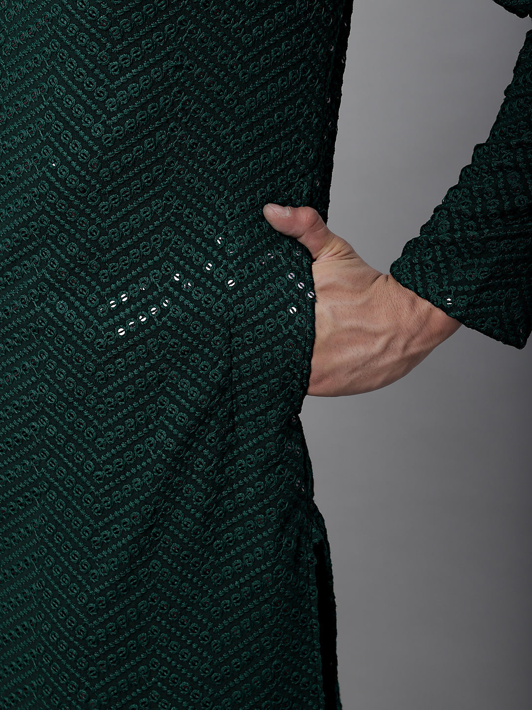 Jompers Men's Olive Green Embroidered Sequinned Kurta