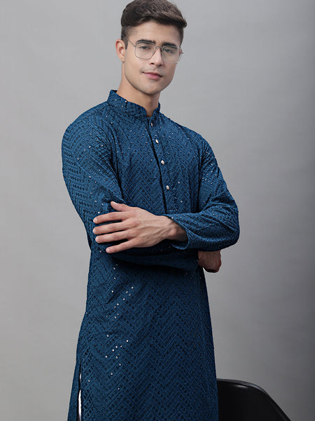 Jompers Men's Peacock Blue Embroidered Sequinned Kurta