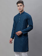 Jompers Men's Peacock Blue Embroidered Sequinned Kurta