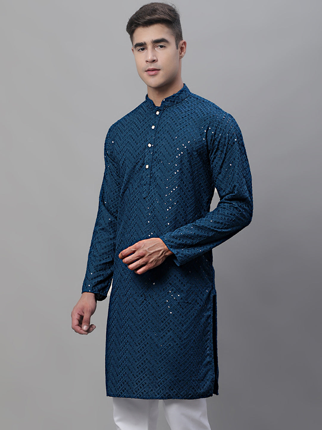 Jompers Men's Peacock Blue Embroidered Sequinned Kurta