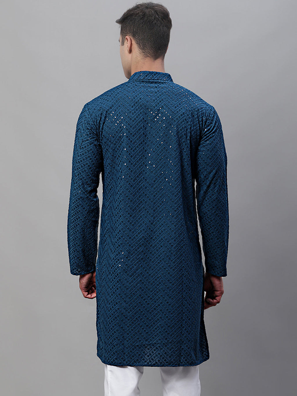 Jompers Men's Peacock Blue Embroidered Sequinned Kurta
