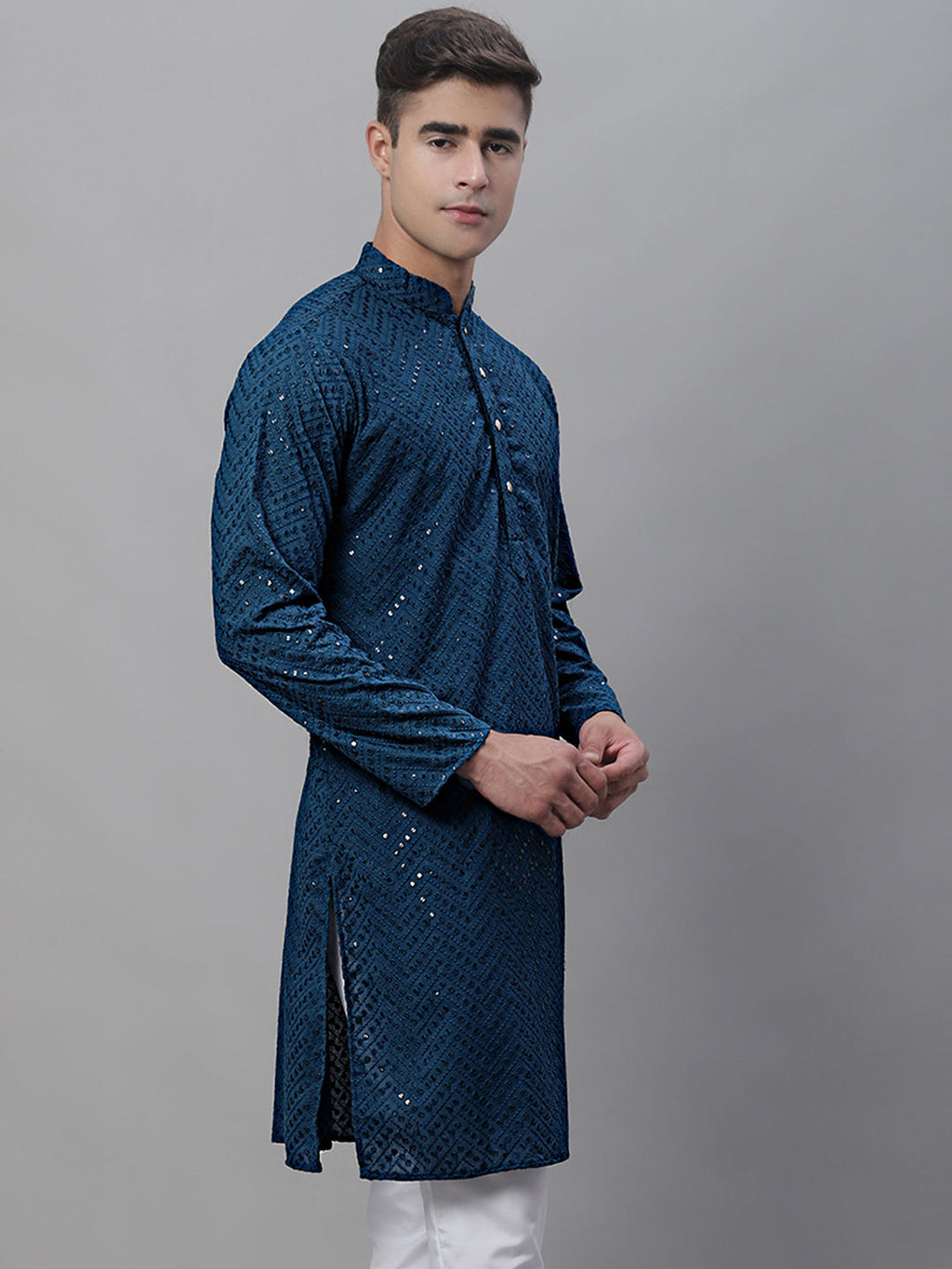 Jompers Men's Peacock Blue Embroidered Sequinned Kurta
