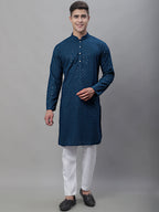 Jompers Men's Peacock Blue Embroidered Sequinned Kurta
