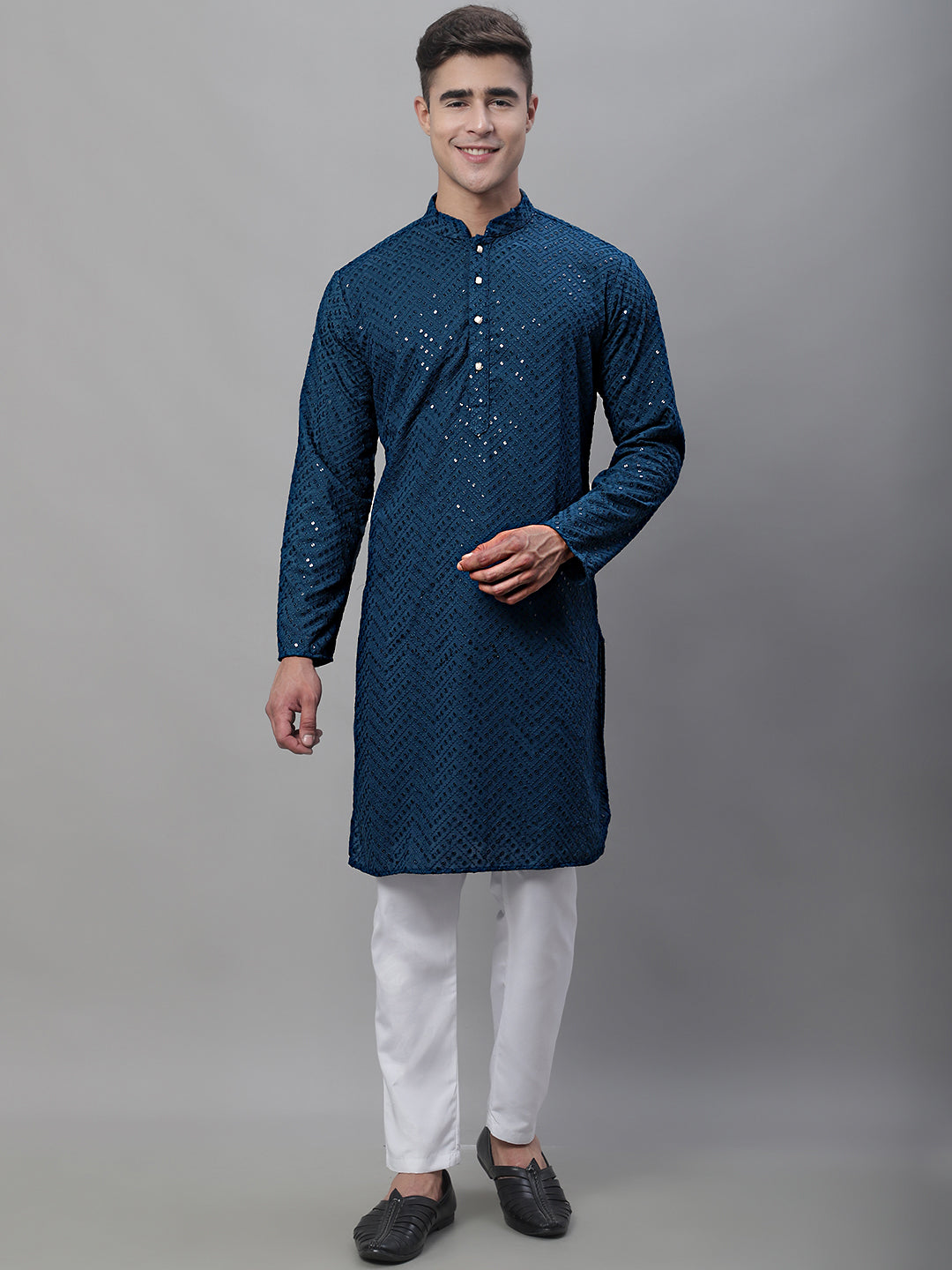 Jompers Men's Peacock Blue Embroidered Sequinned Kurta