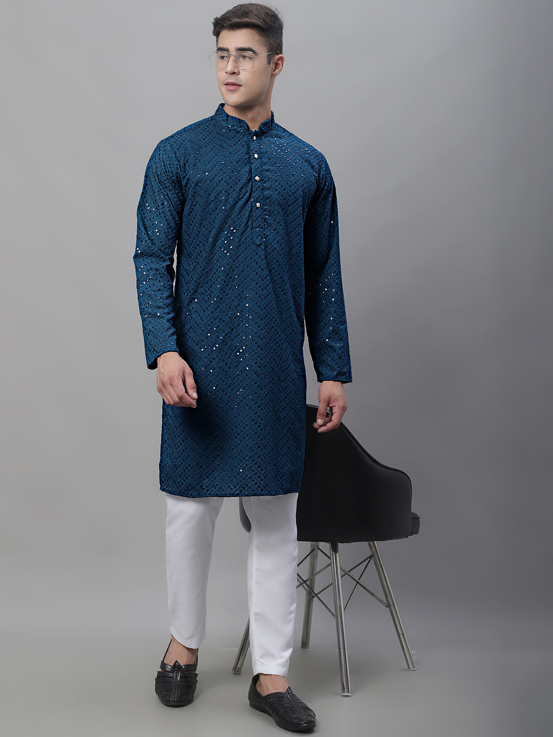 Jompers Men's Peacock Blue Embroidered Sequinned Kurta