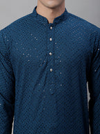 Jompers Men's Peacock Blue Embroidered Sequinned Kurta