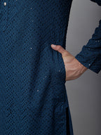Jompers Men's Peacock Blue Embroidered Sequinned Kurta