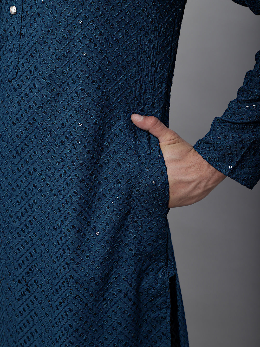 Jompers Men's Peacock Blue Embroidered Sequinned Kurta