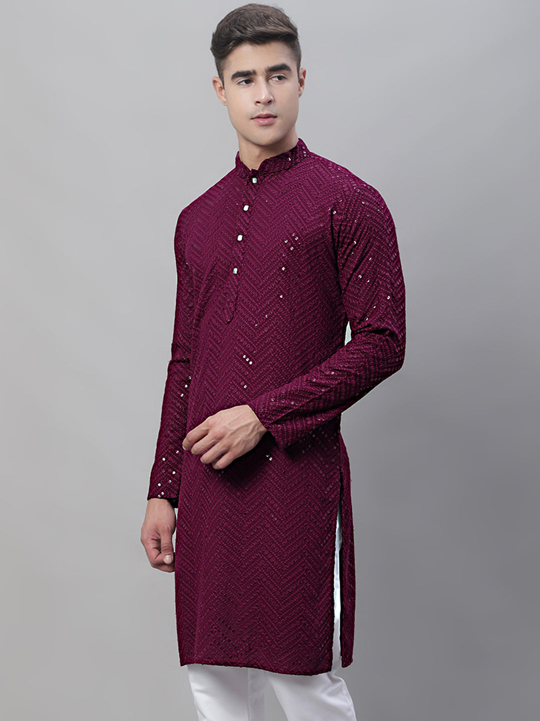 Jompers Men's Purple Embroidered Sequinned Kurta