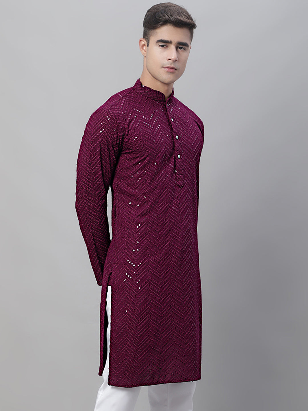 Jompers Men's Purple Embroidered Sequinned Kurta