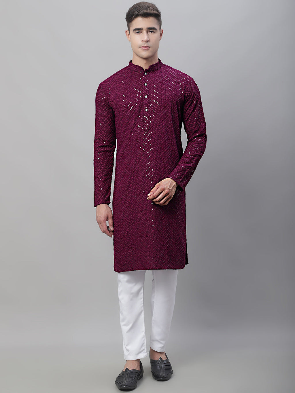 Jompers Men's Purple Embroidered Sequinned Kurta