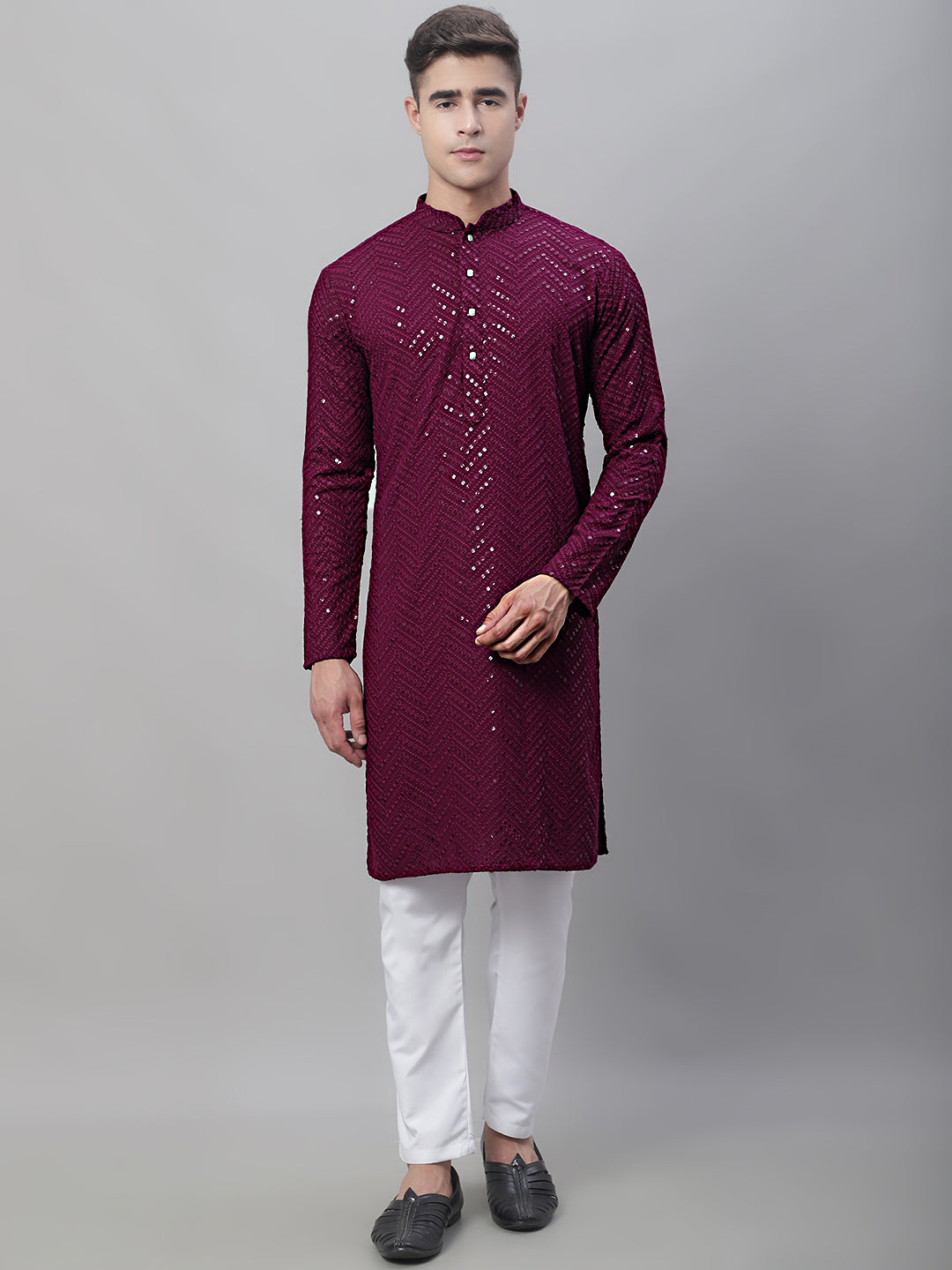 Jompers Men's Purple Embroidered Sequinned Kurta