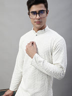 Jompers Men's White Embroidered Sequinned Kurta