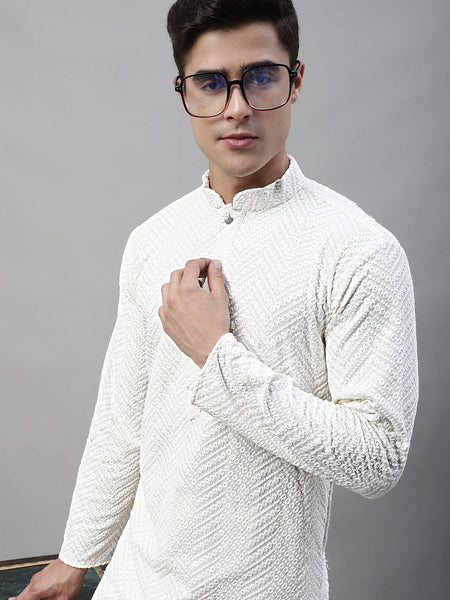 Jompers Men's White Embroidered Sequinned Kurta