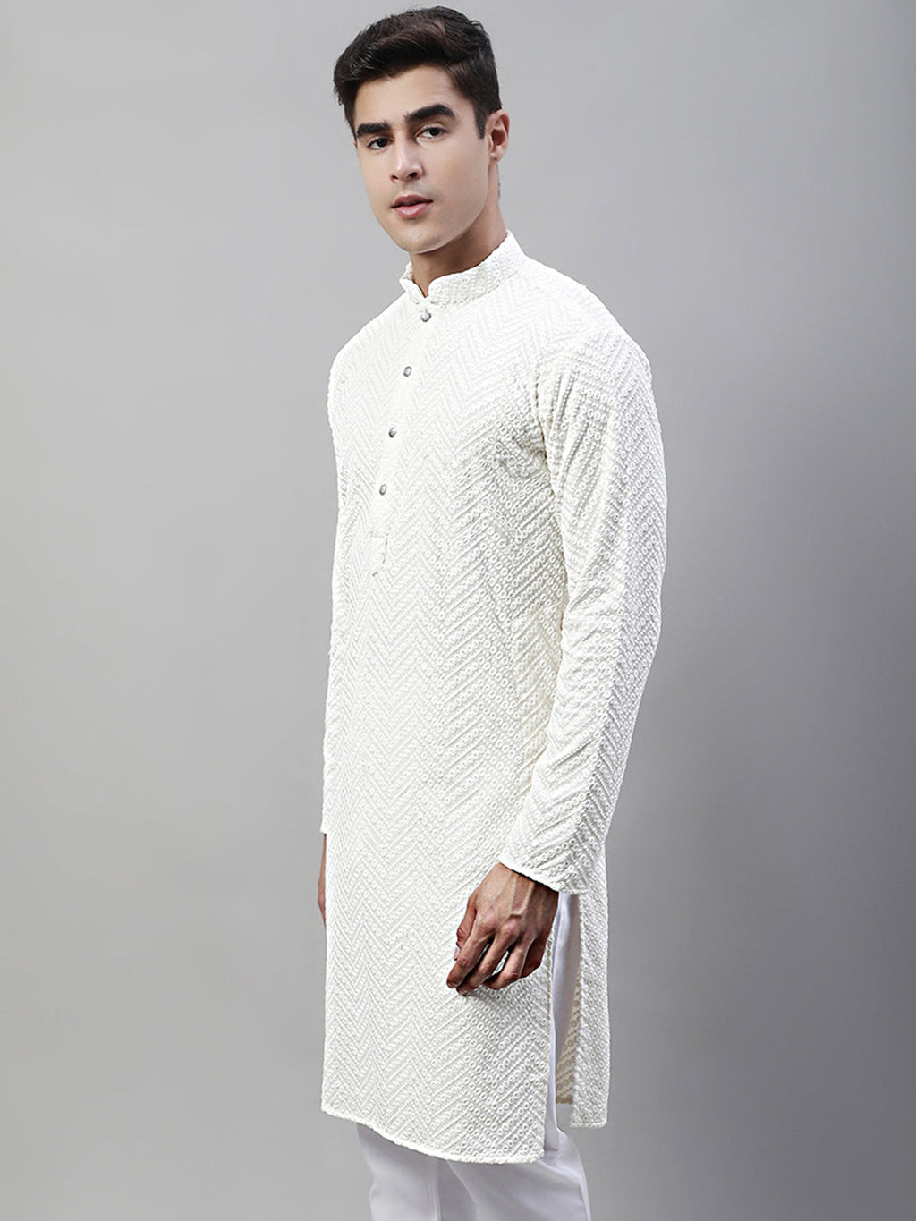 Jompers Men's White Embroidered Sequinned Kurta