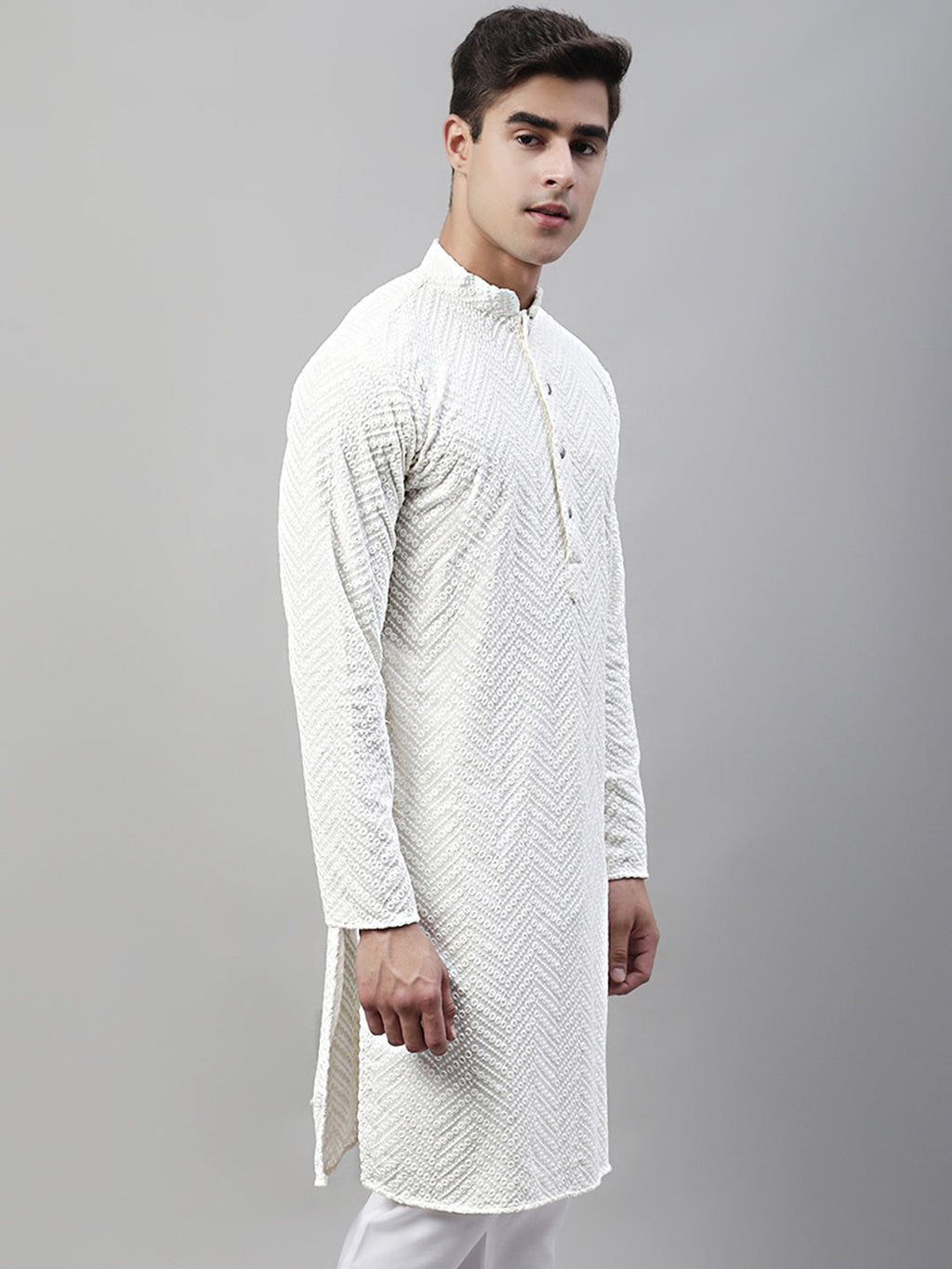 Jompers Men's White Embroidered Sequinned Kurta