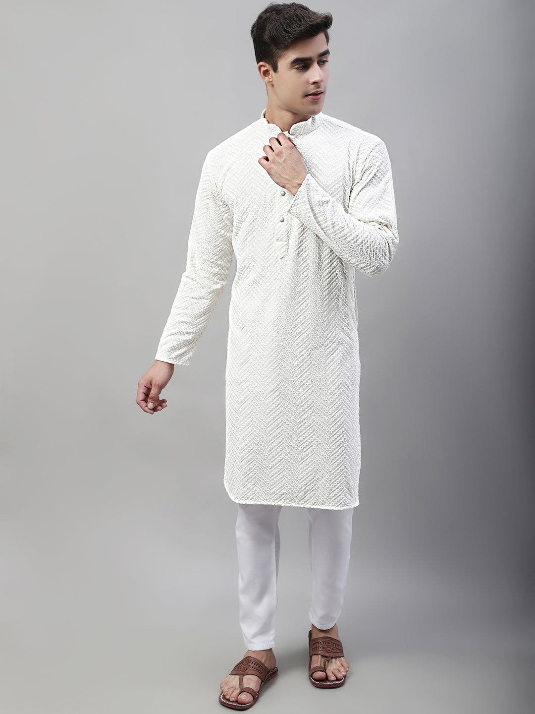 Jompers Men's White Embroidered Sequinned Kurta