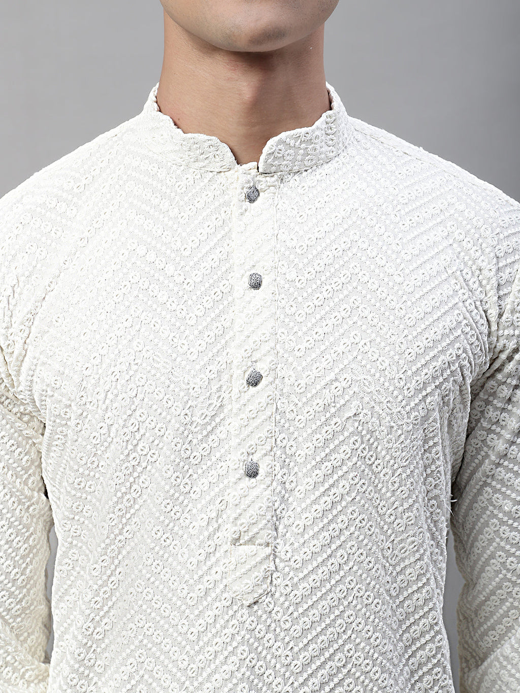 Jompers Men's White Embroidered Sequinned Kurta