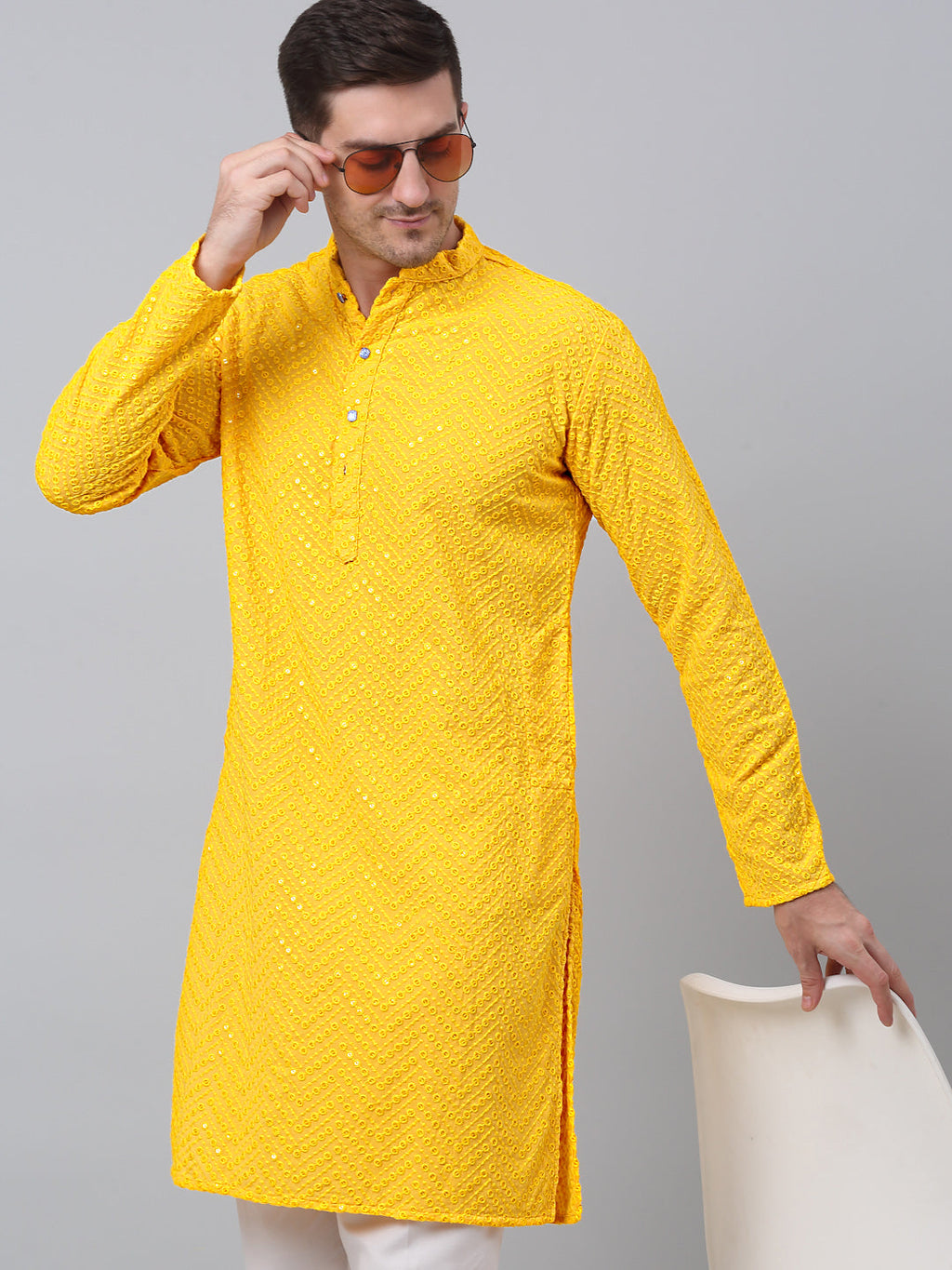 Jompers Men's Yellow Embroidered Sequinned Kurta