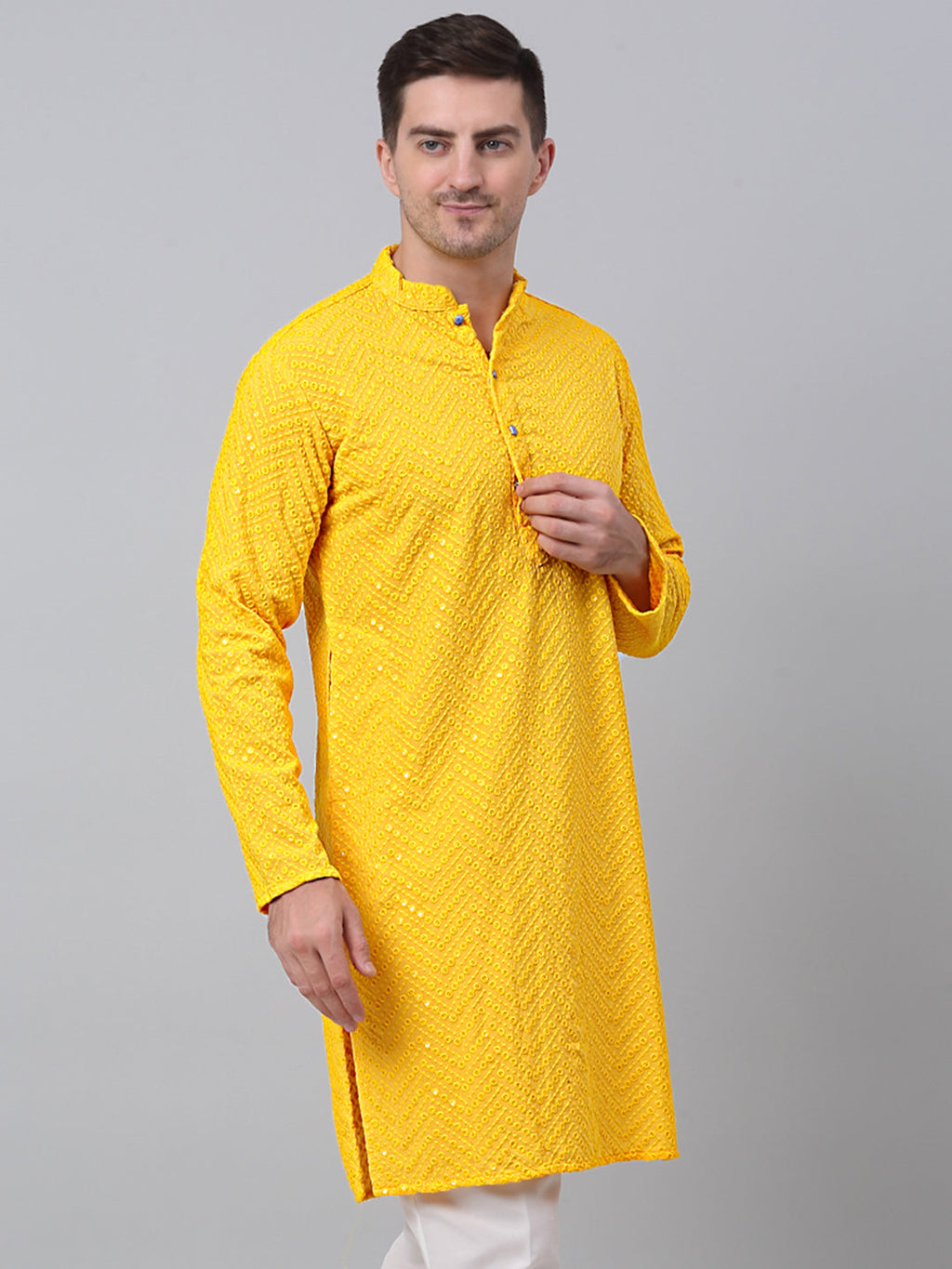 Jompers Men's Yellow Embroidered Sequinned Kurta
