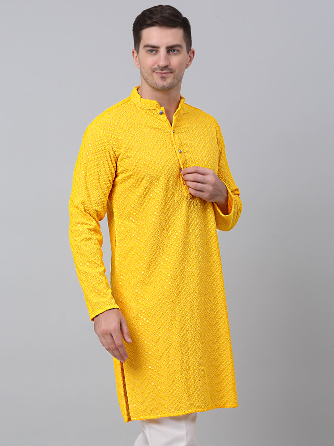 Jompers Men's Yellow Embroidered Sequinned Kurta