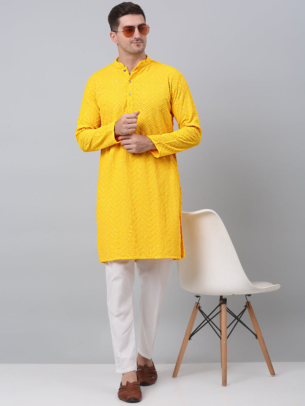 Jompers Men's Yellow Embroidered Sequinned Kurta
