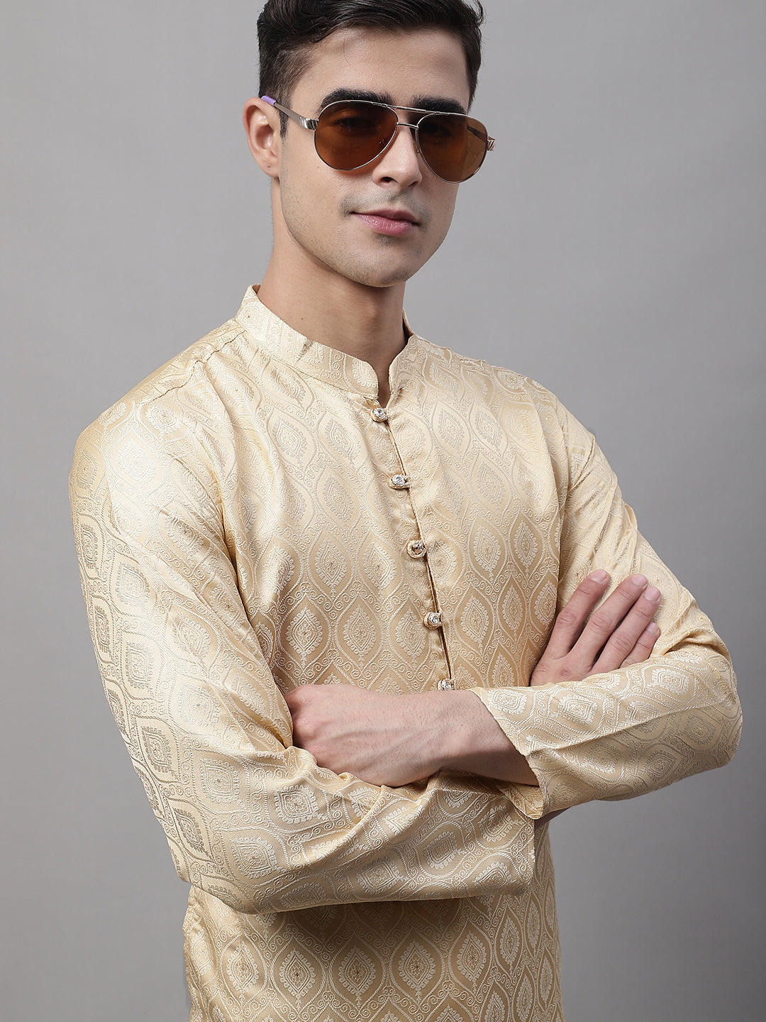 Jompers Men's Ethnic Beige Woven Design Kurta
