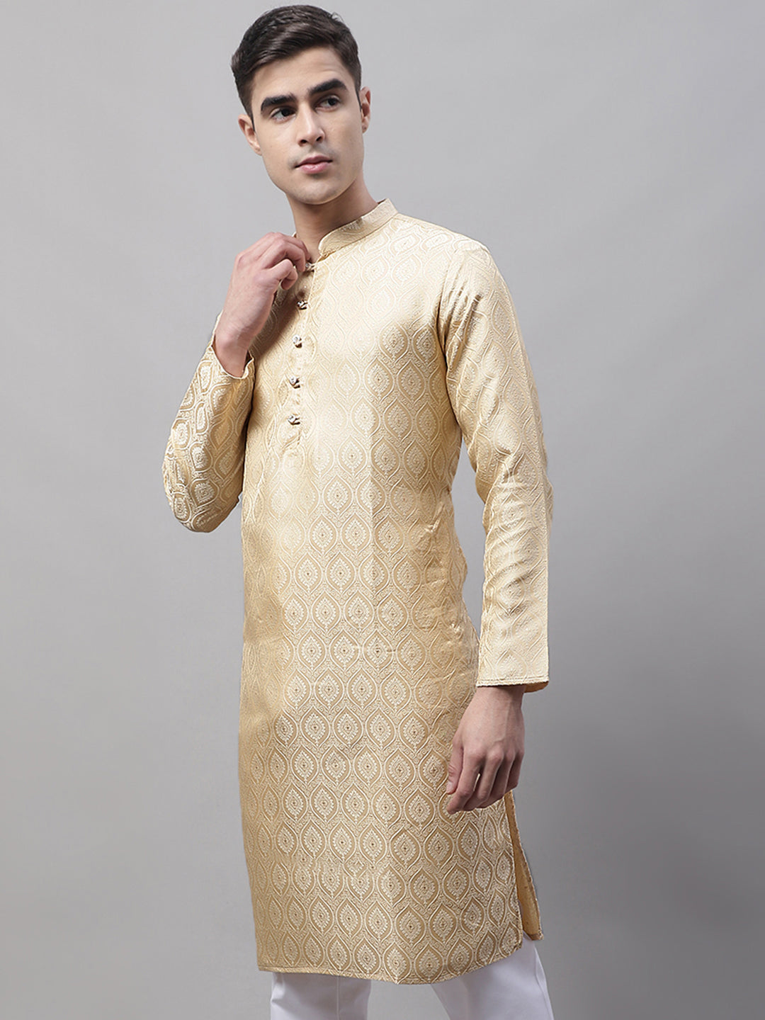 Jompers Men's Ethnic Beige Woven Design Kurta